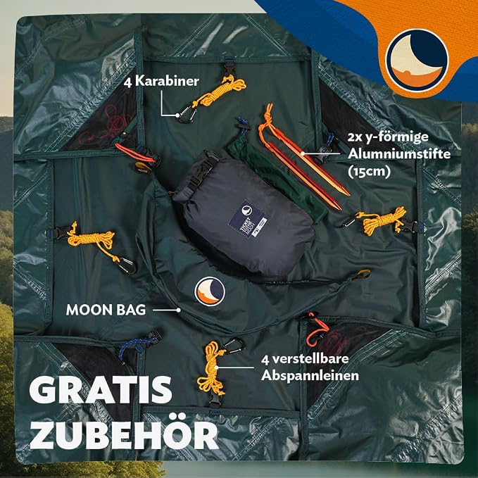 Moon Tarp Hammock Tarpaulin - Dark Green | High-Quality All-Weather Protection 3.5 m Long, Versatile, Handmade, Easy and Quick to Assemble | Original Ticket to the Moon Since 1996