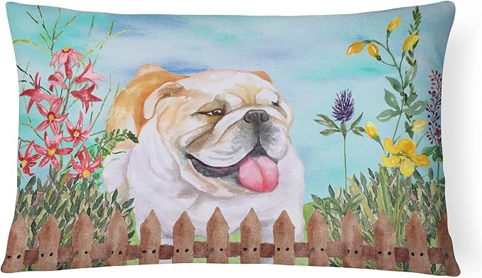 Caroline's Treasures CK1201PW1216 English Bulldog Spring Canvas Fabric Decorative Pillow Machine Washable, Indoor Outdoor Decorative Pillow for Couch, Bed or Patio, 12HX16W