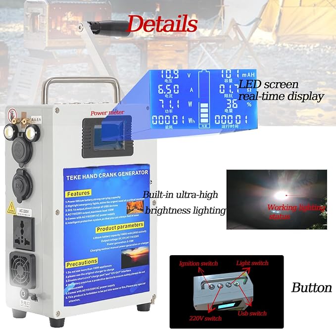 Generator Hand Crank and Power is 50W (Maximum),for Household and Outdoor Emergency,with Hand Shank and Charger,Outdoor Generato 81AH/500W