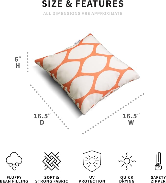 Big Joe Square Pillow Weatherproof Bean Bag Decor, Paprika Bella Sunmax, Durable Weather Resistant Fabric, 16 inches | Polystyrene Bean Filled, Refillable, Sunmax Polyester, UV-Protected, Weather-Resistant, Fade-Proof Fabric