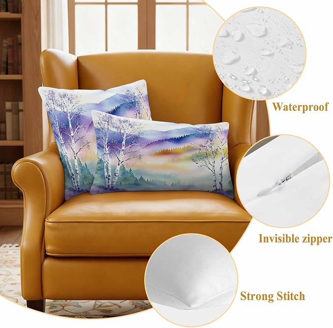 Forest Landscape Outdoor Pillow Covers Set of 2 Watercolor Yellow Purple Green Mountain Peaks Tree Waterproof Throw Pillow Cover Decorative Cushion Cases for Patio Porch Garden 20X20 Inch