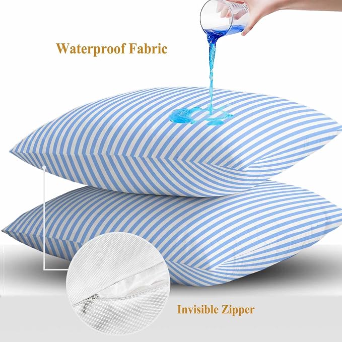 Throw Pillow Covers 16x16 Inch Set of 2, Blue White Stripe Waterproof Outdoor Cushion Covers, Modern Minimalist Geometric Striped Decorative Pillowcases for Couch, Sofa, Bed, Garden, Patio