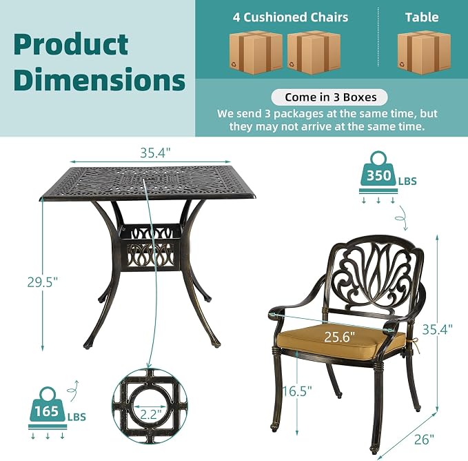 MEETWARM 5-Piece Outdoor Patio Dining Set, All-Weather Cast Aluminum Patio Conversation Set for Backyard Garden Deck with 4 Chairs, 4 Cushions and 35.4" Square Table, 2.2" Umbrella Hole