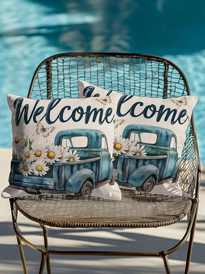 Outdoor Waterproof Throw Pillows Farm Blue Truck Daisy Flower Butterfly Patio Pillows Pack of 2,Decorative Pillow Covers with Insert,Pillow Cushion Case for Garden Couch Sofa Welcome Text on Burlap