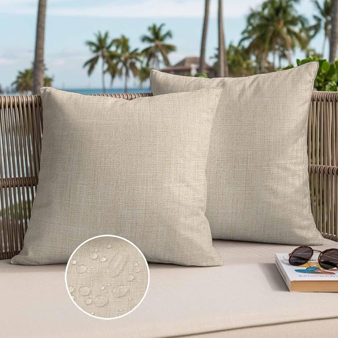 Pack of 2 Waterproof Outdoor Pillow Covers 24x24 Inch Decorative Pillow Covers Vintage Cream Throw Pillowcases Farmhouse Retro Beige Solid Color Outdoor Cushion Cover for Couch, Patio, Tent