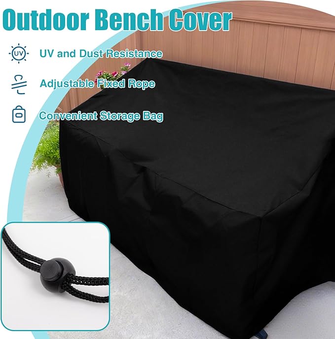 Outdoor Bench Cover Waterproof 210D Heavy Duty Polyester 53L x 26W(D) x 35.4H Inch All Weather Tearproof with Air Vents, Metal/Hardwood Patio Garden Loveseat Furniture (Black)