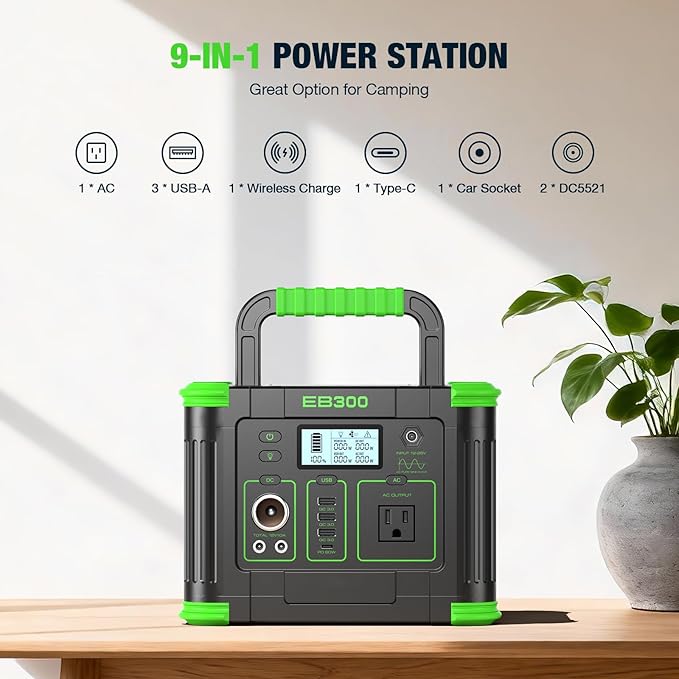 Portable Power Station 330W, 288.6Wh Solar Generator with 60W USB-C PD Output, 120V Pure Sine Wave AC Outlet, 5W Wireless Charging, 330W Backup Lithium Battery for Outdoor Camping Travel Hunting Home