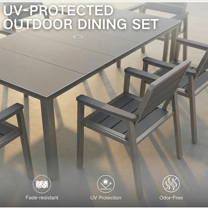 Kingdura 7 Piece Patio Dining Set for 6, HDPE & Metal Outdoor Table & Chairs with Umbrella Hole, All-Weather Outdoor Furniture Patio Conversation Set for Lawn Pool Backyard, Grey