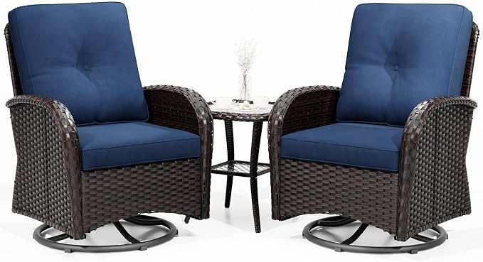 Joyside Outdoor Swivel Rocker Chairs, 3 Piece Wicker Patio Set with Thickened Cushions, High Back, Deep Seating, Wide Armrest, Outdoor Swivel Chairs for Porch, Deck