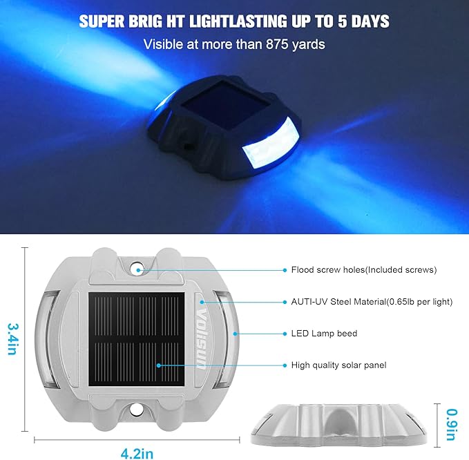 VOLISUN Solar Deck Driveway Dock Lights,Solar Pathway Lights,Blue 16 Pack | Solar Powered LED, IP68 Waterproof Led Outdoor Warning Step Marine Lights for Sidewalk Garden Yard