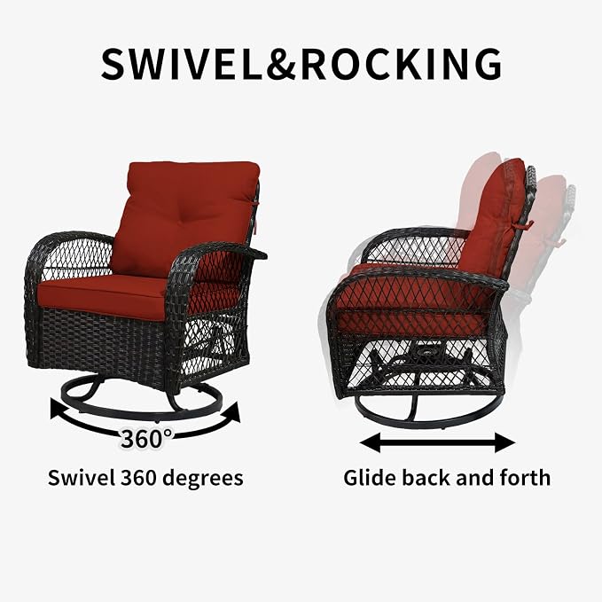 SHGJ&SOFT 3 Piece Patio Furniture Set, 2 Outdoor Swivel Rocking Chairs with Side Table, Wicker Glider Chairs, All-Weather Rattan Bistro Set for Porch, Deck, Pool (Red, Brown Open-Weave Rattan)