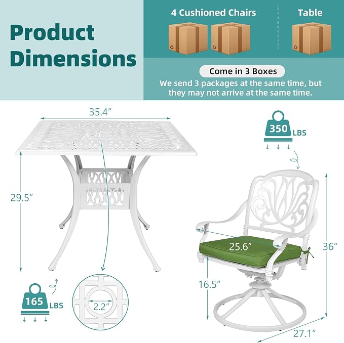 MEETWARM 5-Piece Outdoor Patio Dining Set, All-Weather Cast Aluminum Patio Conversation Set for Backyard Garden Deck with 4 Cushions Swivel Rocker Chairs and 35.4" Square Table, White