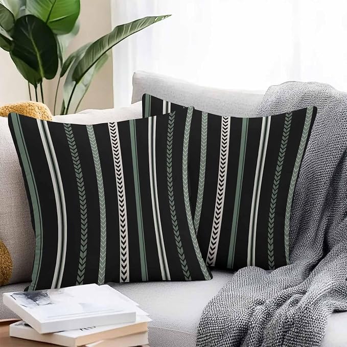 Throw Pillow Covers 18x18 Inch Set of 2, Black Green White Waterproof Outdoor Cushion Covers, Boho Vintage Abstract Striped Lines Decorative Pillowcases for Couch, Sofa, Bed, Garden, Patio