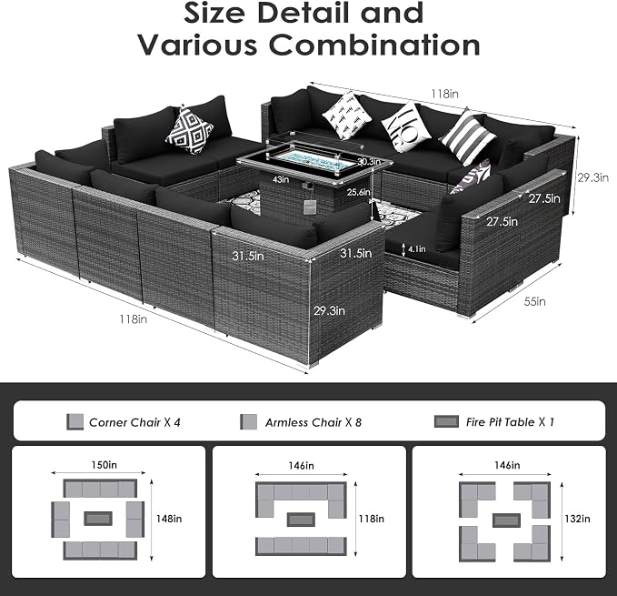 BULEXYARD 13 Piece High Back Outdoor Furniture Sets with Fire Pit, Luxury Patio Sectional Couch Sofa 12-Seater Modular, Comfortable Extra Large Wide Deep Backyard Seating Conversation Set, Grey&Black