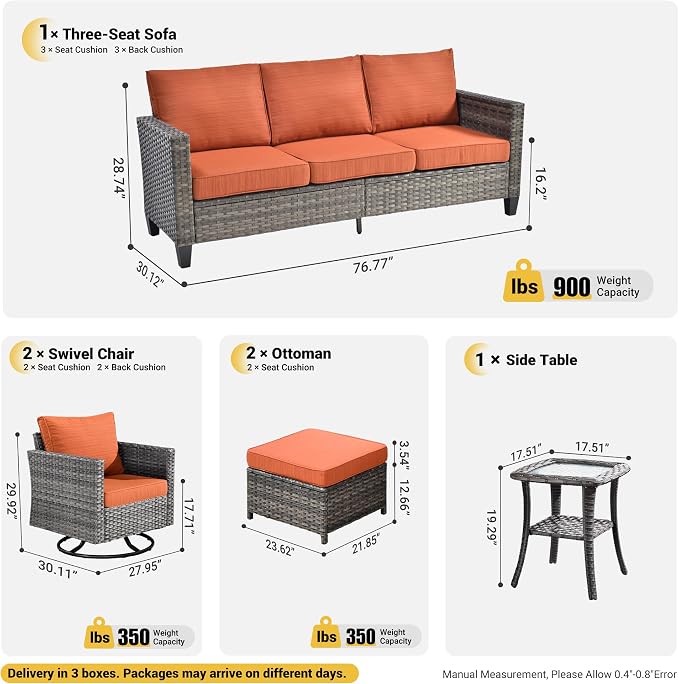 ovios 6 Pieces Patio Furniture Set, Outdoor Wicker Rattan Sofa Couch with Swivel Glider Chairs Comfy Cushions, Modern Conversation Set for Deck Backyard Porch, Orange Red