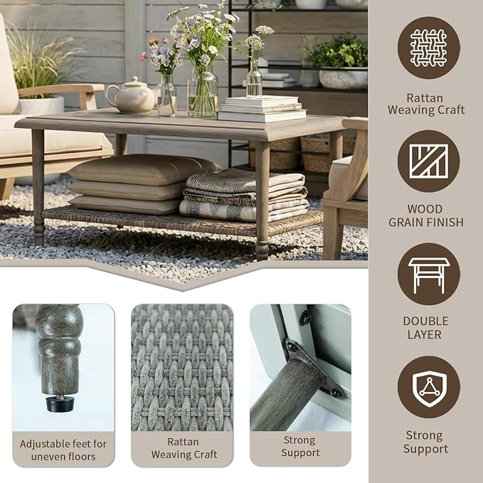 Coffee Table with Storage, PE Rattan Top & Durable Frame, Outdoor Coffee Table Rectangular, Outdoor Patio Table for Balcony Porch Garden Supports 200 lbs, Handwoven Rectangle Design(42” x 23” x 18)