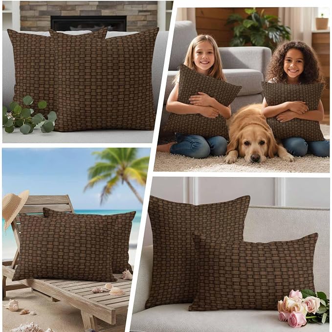Outdoor Waterproof Throw Pillow Covers Set of 2 Brown Rattan Pillowcases 16x16 Inches Retro Striped Lines Decorative Pillows Cushion Case Patio Pillows for Couch Bed Chair Garden