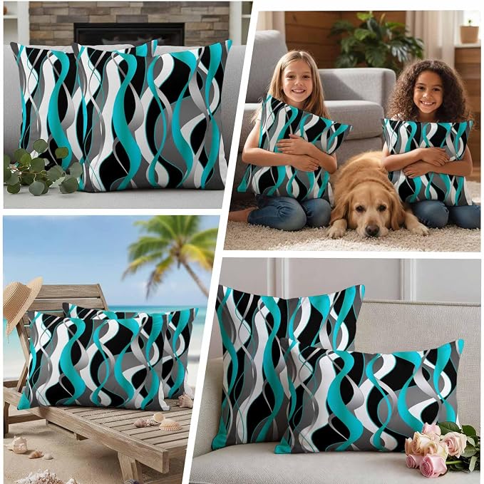 Outdoor Pillow Covers Set of 2, Distortion Blue Stripes Decorative Throw Pillow Covers 16X16IN, Abstract Geometric Art Throw Pillows Protector Cushion Case for Patio,Couch,Sofa,Garden