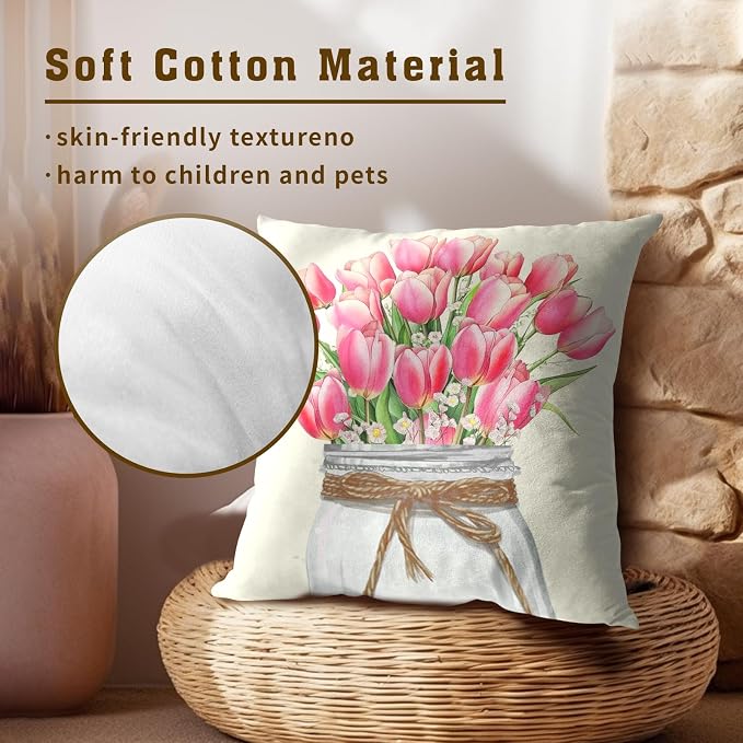 Pink Tulip Flower Pillow Covers 22x22 Inch Set of 2 Spring Pink Floral Mason Jar Seasonal Farmhouse Square Pillowcases Cushion Cover for Couch Patio Sofa Bed Decoration