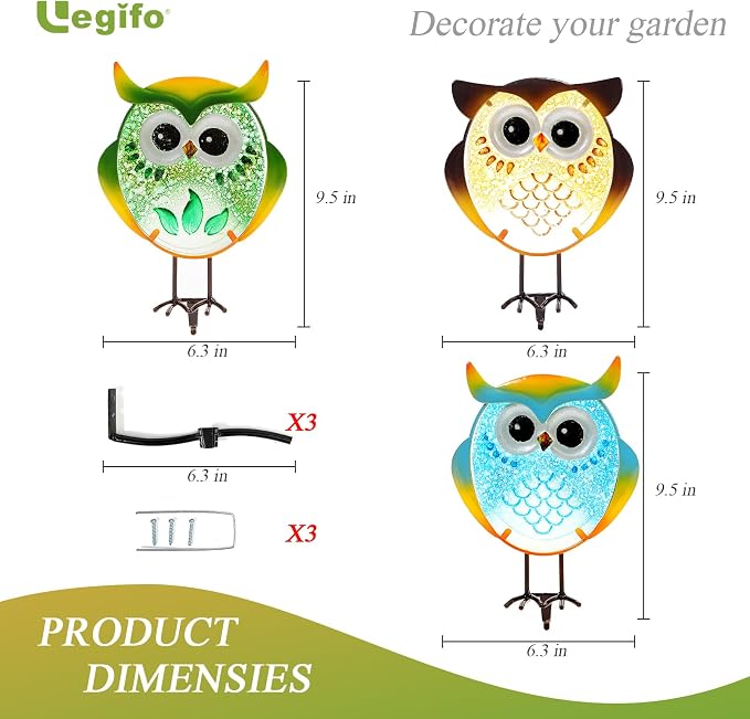 LEGIFO Owl Garden Decor for Outside, Stand & Tree Hugger Outdoor Owls Stakes Yard Art Set of 3, Funny Metal & Glass Stake Gifts for Grandma Mom Women