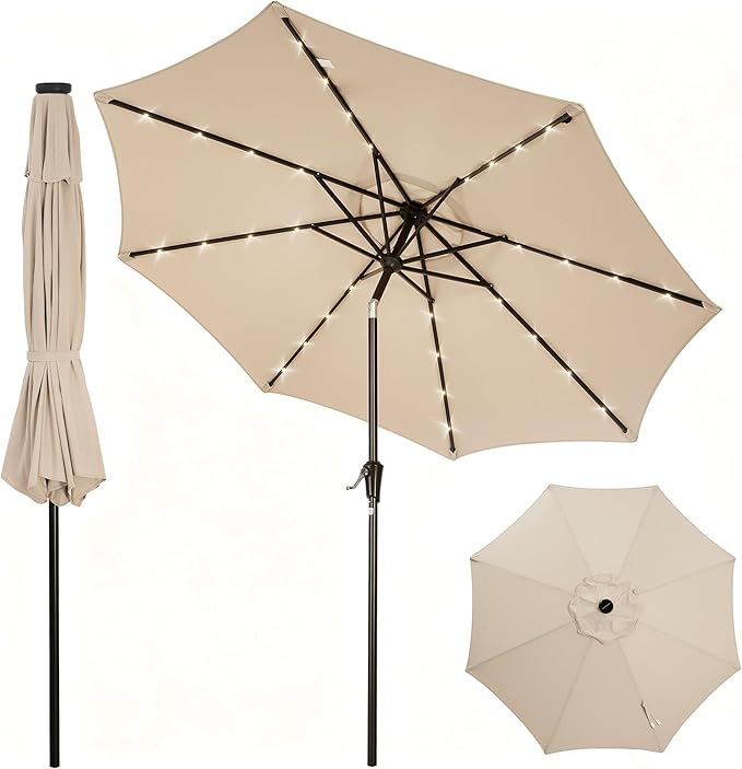 Garvee 10FT Patio Umbrella with 32 Solar LED Lights, Outdoor Table Market Umbrella with Tilt and Crank, 8 Sturdy Iron Ribs Sun Shade for Garden, Deck, Backyard and Pool, Beige