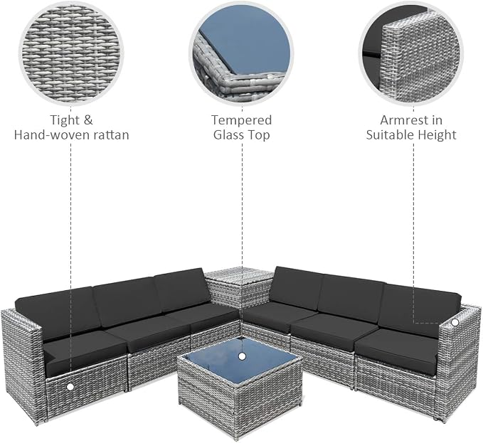 RELAX4LIFE 8-Piece Patio Furniture Set - PE Wicker Conversation Set w/Soft Cushions & Tempered Glass Storage Table, Outdoor Sectional Sofa Set for Garden, Poolside, Backyard (Grey)