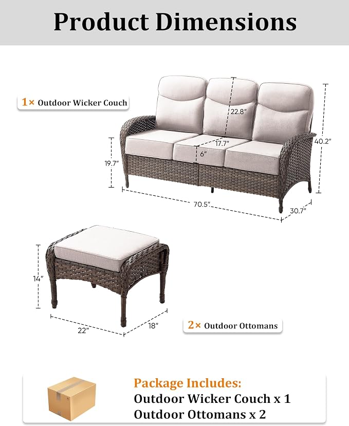 3-Piece Luxury Patio Furniture Sofa Set with 6-Inch Thick Cushions– Outdoor Wicker Conversation Set with Covered Couch, Multifunctional Ottoman & All-Weather Seating for Backyard, Porch, Garden Beige