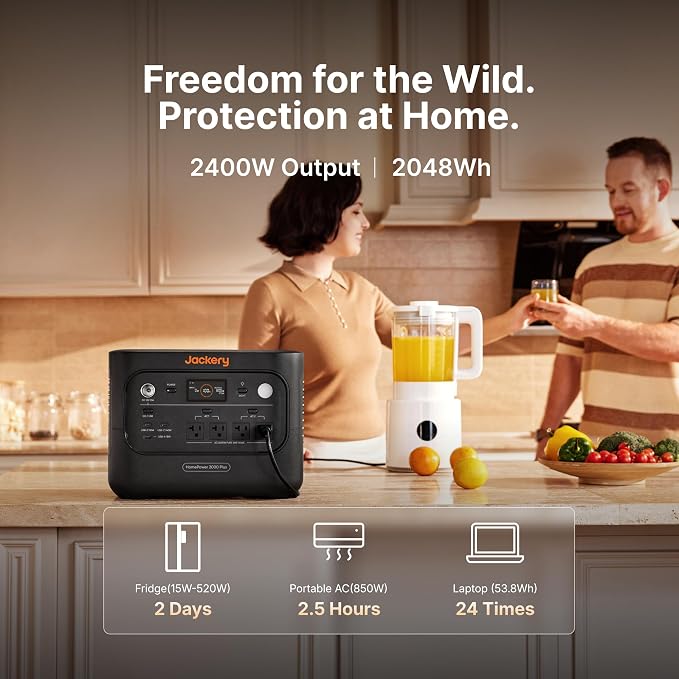 Jackery HomePower 2000 Plus v2 Portable Power Station with Extra Battery & 2x200W Solar Panels, 2200W AC Output, 2048Wh LFP Battery, Expandable to 12kWh, Essential Home Backup for Outages & Emergency