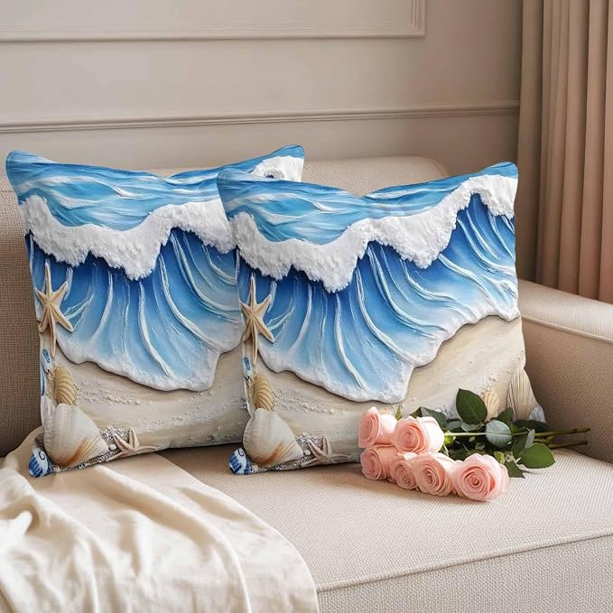 Coastal Beach Waterproof Outdoor Pillow Covers Set of 2 Home Decor, Blue Ocean Starfish Shell Seashore Sand Pillowcase Patio Pillow Covers for Couch Bench Furniture Garden 20x20in