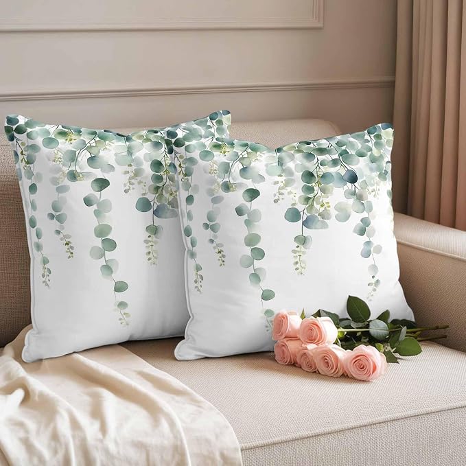 Eucalyptus Leaves Waterproof Outdoor Pillow Covers Set of 2 Home Decor, Pastoral Rustic Botanical Watercolor Pillowcase Patio Pillow Covers for Couch Bench Furniture Garden 20x20in