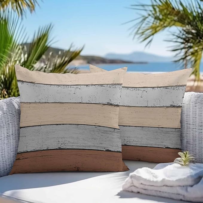 Outdoor Throw Pillow Covers 18X18 Set of 2 Waterproof Ombre Ground Color Brown Grey Decorative Zippered Cushion Covers for Patio Furniture,Lumbar Pillowcases Farmhouse Retro Rustic Barn Wood Texture