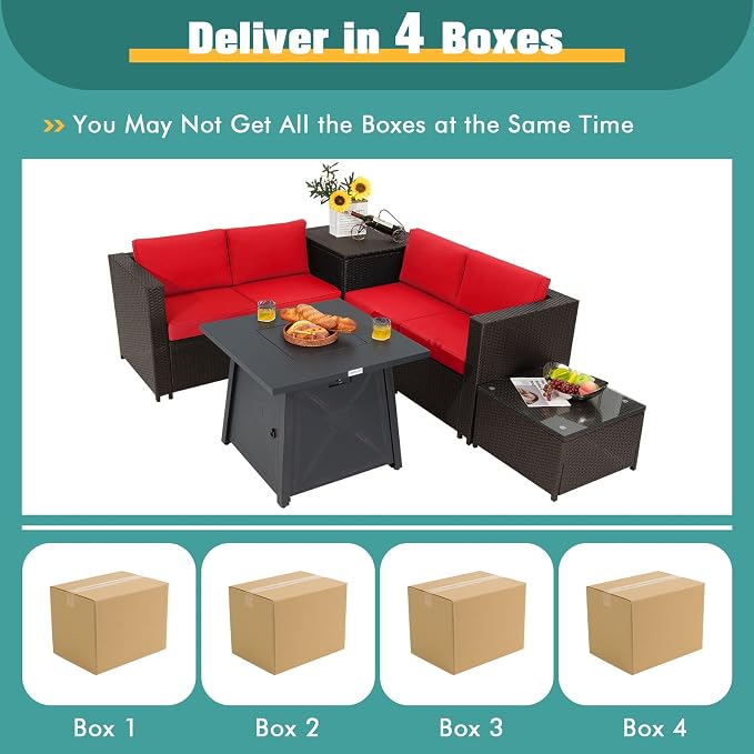 Tangkula 5 Piece Patio Furniture Set with 50,000 BTU Propane Fire Pit Table, Outdoor Wicker Conversation Set w/Cushions, Storage Box and Tempered Glass Coffee Table, 30" Gas Fire Pit Table (Red)