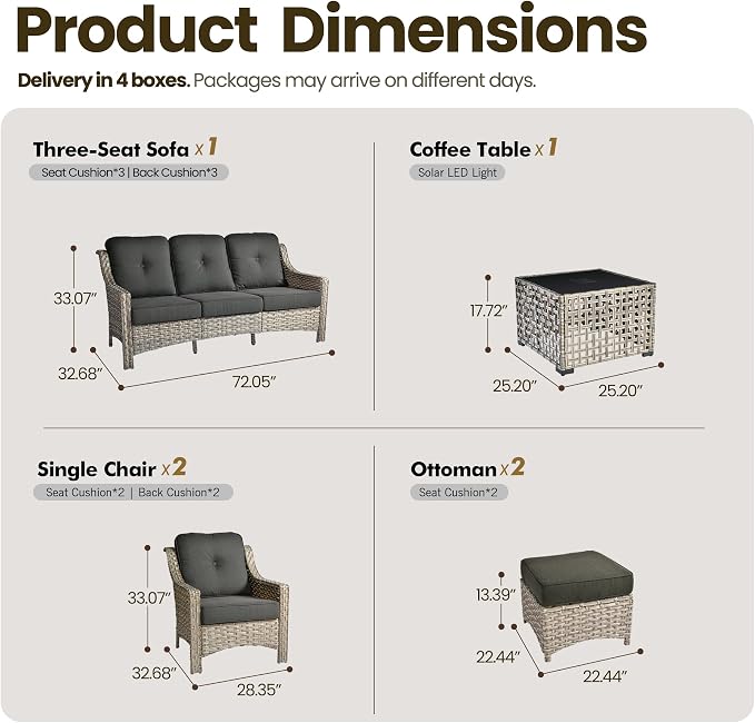 6 Piece Patio Furniture Set with Solar Lights Coffee Table, Outdoor Wicker High Back Sofa Chairs Ottomans with Cushions, All Weather Conversation Set for Backyard Porch Deck, Black