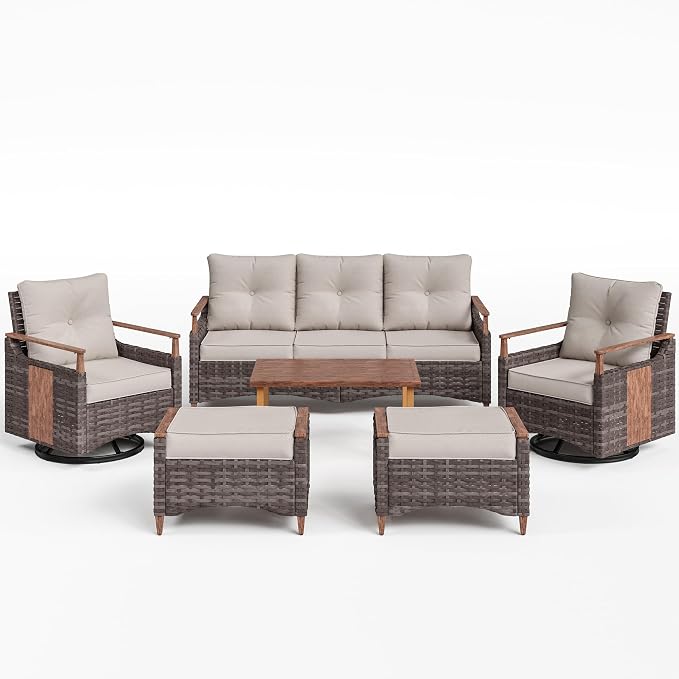 Nestnook 6 Pieces Patio Furniture Set, Outdoor All-Weather Handwoven PE Wicker Swivel Chairs, Conversation Set with Coffee Table, Sofa with Thick Cushion & Ottoman for Backyard, Deck & Poolside, Beige