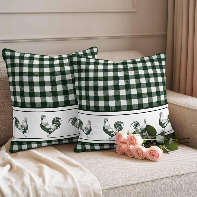 Outdoor Waterproof Throw Pillow Covers Set of 2 Chicken Cock Rooster Pillowcases 18x18 Inches Farmhouse Animal Green Buffalo Plaid Decorative Pillows Cushion Case Patio Pillows for Couch Bed Chair