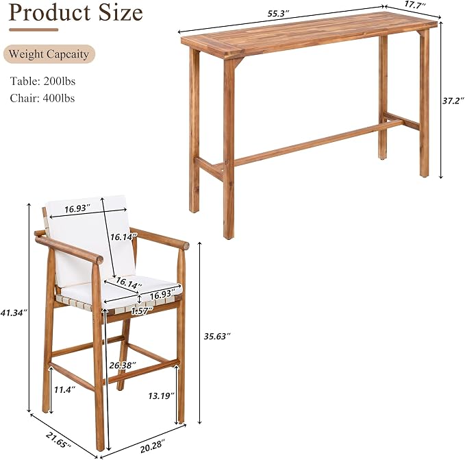 6 Piece Outdoor Bar Set for 4, 2 Patio Acacia Wood Bar Height Table & 4 Stools with Removable Cushions, Wood Dining Bar Set with Adjustable Feet for Patio, Balcony, Poolside, Beige+Natural