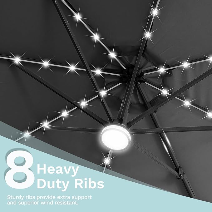 Devoko 10ft Solar LED Patio Umbrella, Round Cantilever Outdoor Umbrella with Solar Lights and 360-Degree Rotation, Large Hanging Offset Market Umbrella with Easy Tilt for Patio Deck Garden,Gray
