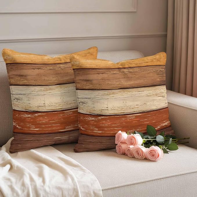 Farmhouse Burnt Orange Brown Outdoor Waterproof Pillow Covers, Vintage Wooden Striped Decorative Square Throw Pillowcase Sofa Cushion Sham for Patio/Couch/Chair, 16"x16" 2 Pack