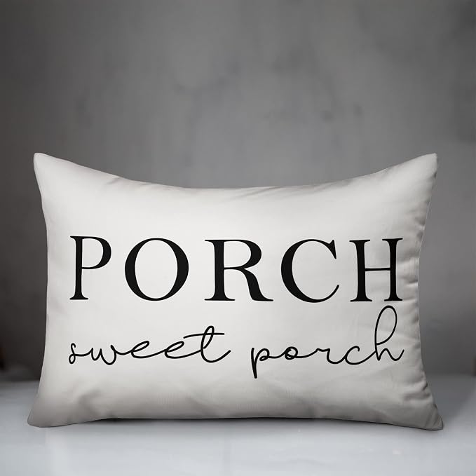 Porch Sweet Porch White and Black Indoor/Outdoor Pillow | Decorative Pillows for Living Room Couch Bed Sofa Patio, Fluffy Soft Cushion | Water Resistant Black, 14x20