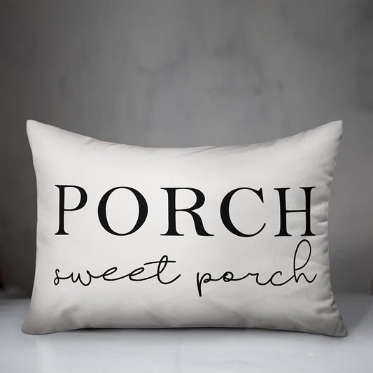 Porch Sweet Porch White and Black Indoor/Outdoor Pillow | Decorative Pillows for Living Room Couch Bed Sofa Patio, Fluffy Soft Cushion | Water Resistant Black, 14x20