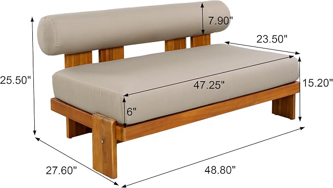 Merax 4-Piece Patio Conversation Set with Acacia Wood Frame, Waterproof Cushions & Round Backrest – Loveseat, 2 Club Chairs & Coffee Table for Garden, Deck & Balcony, Light Brown+Teak