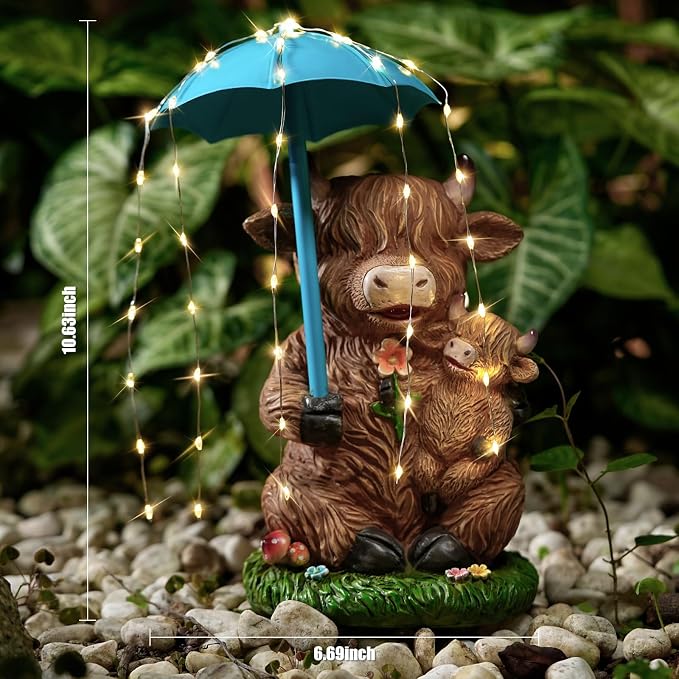 Joint Honglin Solar Highland Cow Garden Statue with Raindrop String Lights, Flashing Umbrella Fairy Lights Outdoor Resin Figurine, Yard Lawn Ornament, Unique Birthday for Mom Grandma