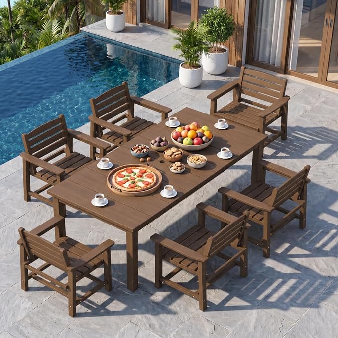 7-Piece Outdoor Dining Set with 75.2" Table for 6,Brown | HDPE material, umbrella hole design, weather-resistant furniture, perfect for garden, lawn, poolside, yard, balcony, deck