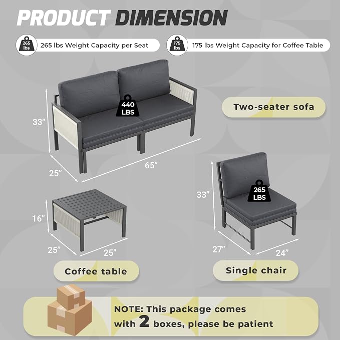 AECOJOY Aluminum Patio Sectional Sofa Set with Coffee Table, 4-Seat | Outdoor Conversation Set, Porch & Deck Use, Includes Central Table, Sectional Couch