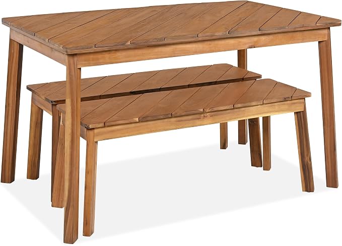 Merax Outdoor Dining Set for 4-6, 3PCS Patio Table and Bench Set, 2 Acacia Wood Diagonal Grain Patio Benches and Rectangular Dining Table, Outdoor Furniture Set for Patio, Garden, Natural