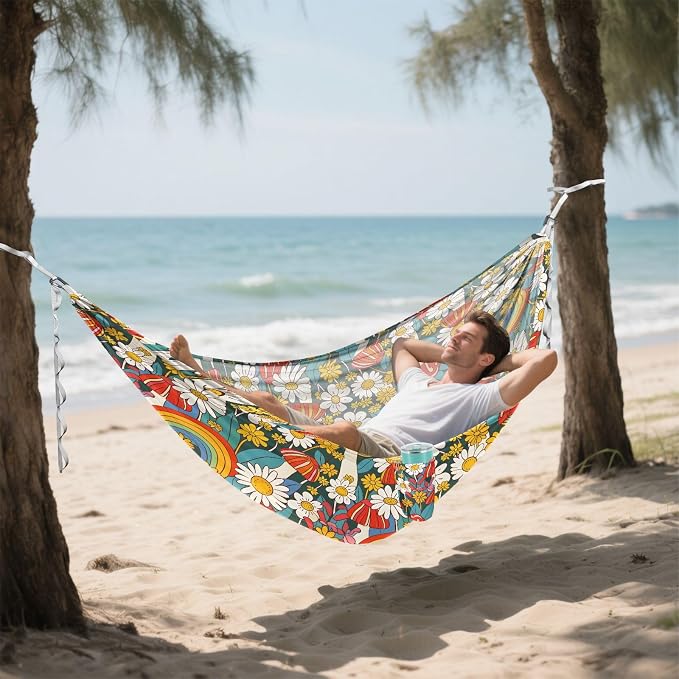 Camping Hammock Outdoor Hammocks for Outside Flowers Mushrooms Rainbows Beach Trees Portable Lightweight with Pockets Tree Straps Indoor