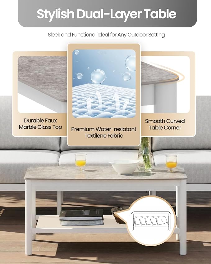 Aluminum Patio Furniture Set, 5 Seats Modern Outdoor Sectional Furniture with PE Rope & Dual-Layer Coffee Table, Luxury Patio Conversation Sets with 6" Cushions for Backyard/Garden, White