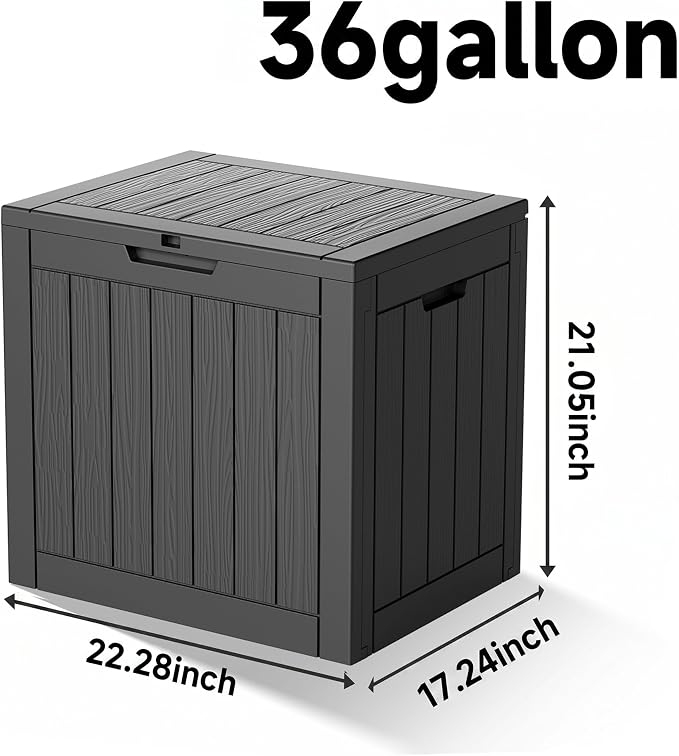 PatioZen 36 Gallon Deck Box,Waterproof Resin Outdoor Storage Boxes, Outside Storage Lockable Container for Garden Tools,Indooor Cushions,Accessories (Black)