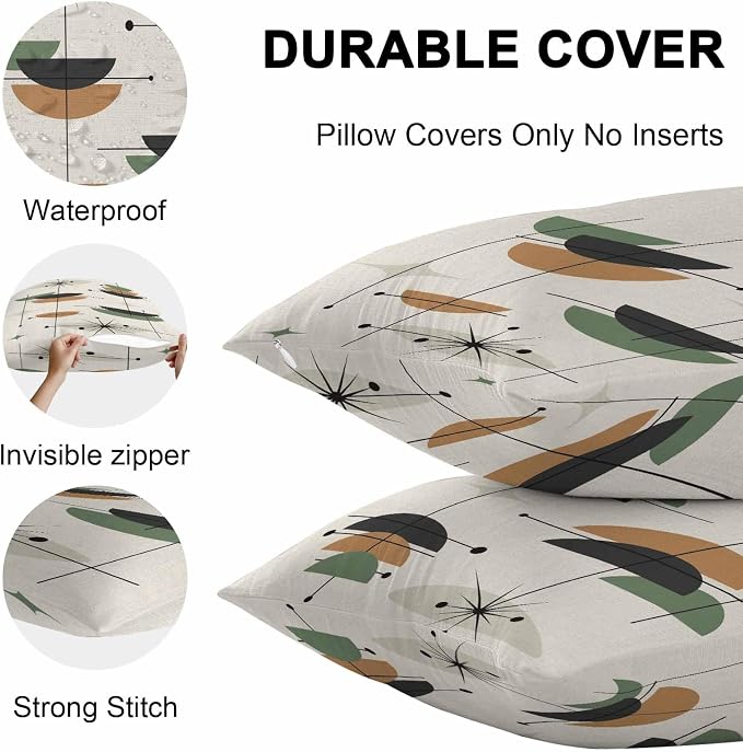 Vandarllin Outdoor Throw Pillows Covers 18x18 inch Set of 2 Waterproof Boho Mid Century Decorative Zippered Cushion Covers for Patio Furniture, Green Orange Geometric Abstract Lumbar Pillowcases