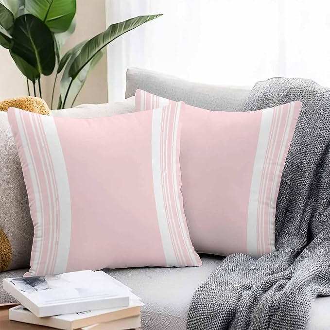 Farmhouse Pink Outdoor Waterproof Throw Pillow Covers 18x18 Set of 2, Aesthetic Modern Line Striped Decorative Pillowcases Cushion Pillowcase for Couch Sofa Patio Outside Pillow Protector
